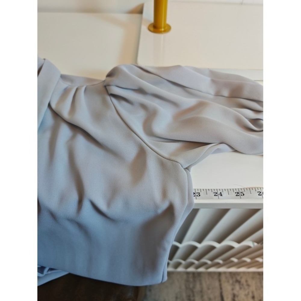 Vintage 80s Joseph Light Blue Pleated Button-Front Office Top Tie Neck Sz 10 - Picture 8 of 11